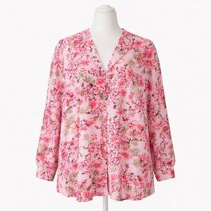 Ellos Pink Floral Blouse Size 20 | Rayon V-Neck Long Sleeve NWT